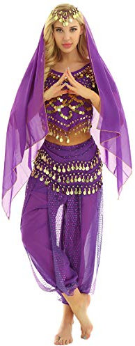 FEESHOW Frauen Bauchtanz Kostüm Indische Tanz Outfit Puffärmel Münzen Top Pluderhosen/Rock Hüfttuch und Kopftuch Set Party Performance Outfit Violett One Size