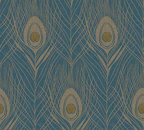 Peacock Feathers Vinyl Non-Woven Wallpaper Gold Dark Blue Luxury Paste The Wall from Y�L