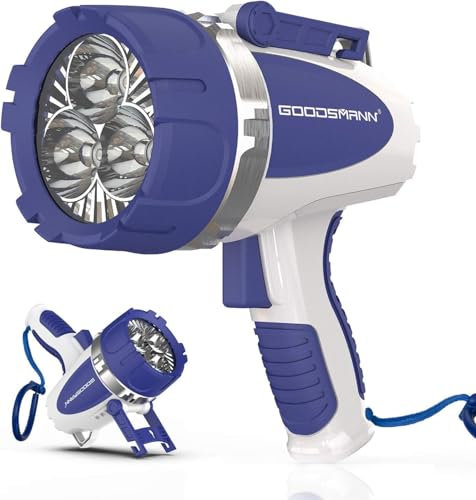 GOODSMANN Projecteur LED rechargeable étanche jusqu'à 3000 lumens avec adaptateur USB, chargeur de voiture, sac à poussière pour la chasse, le camping, l'exploration