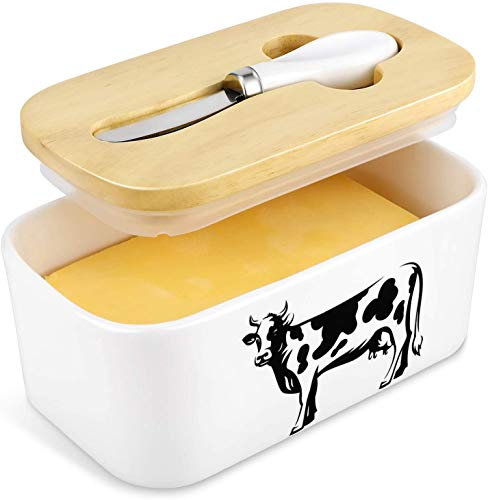 X-Chef Butterdose Porzellan mit Holzdeckel und Buttermesser, Butterbehälter für 250g Butter, Butter Boot mit Dichtungsring, Klassisch -Kuhmuster