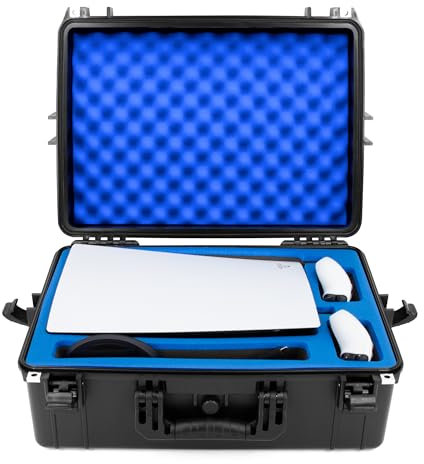 CASEMATIX Custodia rigida da viaggio compatibile con console Playstation 5, controller, giochi e accessori - Custodia impermeabile per PS5 con schiuma personalizzata per edizioni standard e digitali,