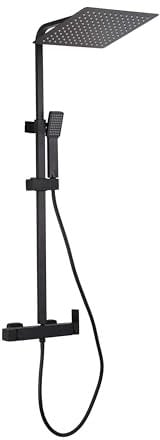 VALAZ Columna Ducha Monomando Negro Mate | Mezclador Agua Fría y Caliente, Ahorro de Agua | Instalación Fácil y Rápida | Inoxidable, Redonda, Longitud 80-120 cm, Rociador 20 cm, Serie Segura