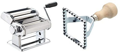 KitchenCraft KCMACH2 World of Flavours Pasta Machine, Stainless Steel, Silver & KitchenCraft WFITRAVCUTSQ World of Flavours Square Ravioli Cutter, 7 x 7 x 11.5 cm, Silver/Beige