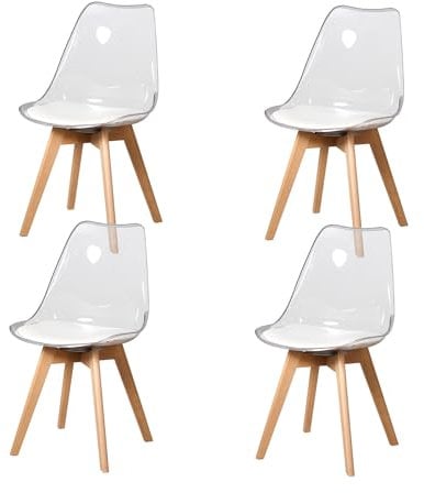 BenyLed Juego de 4 sillas de Comedor de Estilo escandinavo, diseño Retro, sillas Laterales de acrílico Transparente, Silla de Cristal con cojín tapizado de PU (Blanco)