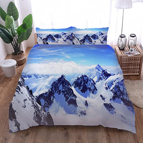 WWQAYZ Set Lenzuola Matrimoniale Paesaggio di montagna di neve Parure Copripiumino Letto Matrimoniale con Cerniera Sacco Copri Piumino in Microfibra Morbido e Traspirante 155 cm x 220 cm