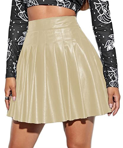 ORANDESIGNE Lederrock Damen Sexy Kurz Plissee Rock Party Hohe Taille PU Minirock Leder Ausgestellter Rock Einfarbig Skater Rock Sommer Clubwear Outfit Aprikose XXL