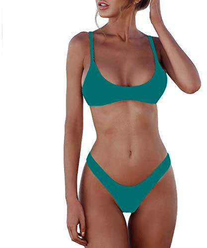 SherryDC Traje de baño de bikini de tanga brasileña con cuello redondo para mujer, Verde oscuro, Large