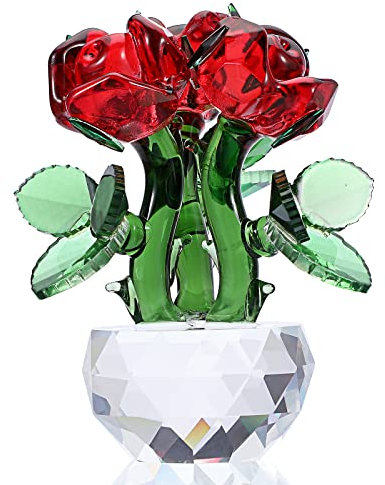 Tolida Crystal Rose Figurine Ornament, Collectable Crystal Red Rose Flower Ornament Figurine, Paperweight for Reading/Writing, Gift Idea/Ornamentation for Wedding/Birthday/Housewarming Party (Red)