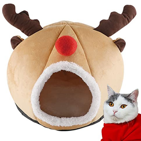 BEE&FLOWER Weihnachten Katzenbett Weihnachtsren/Weihnachtsstiefel Katzenhöhle Weich Plüsch Katzenschlafplatz Waschbar Katzenkorb für Katzen Hunde-gelb L