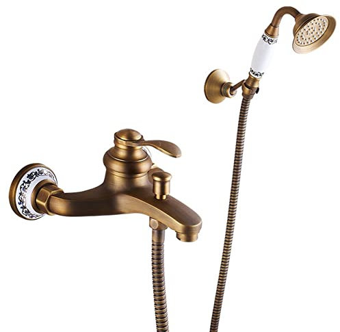 Robinet Baignoire Mitigeur Baignoire Avec Douchette À Main, Finition Laiton Antique Mural Monocommande Laiton Mitigeur Douche Avec Support Et Flexible De Douche 1.5M, Robinet Bain