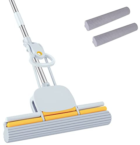 DUDTO PVA Sponge Mops 60 Long Handle 15 Head with 2 Pads Sponge Mops for Floor Cleaning Squeeze with Wringer
