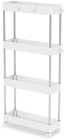 Carrito Organizador con Ruedas Giratorias de 4 Alturas Estrecho - Carro Cocina, Baños, Garaje u Oficina - Carrito para Almacenamiento Móvil - Blanco - 40 x 13 x 85 cm - Aktual