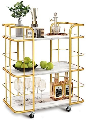 COSTWAY Gold Drinks Trolley, 3 Tier Mobile Bar Cart with Faux Marble Shelves and Lockable Wheels, Metal Kitchen Island Serving Trolley Cart for Home Living Room Restaurant