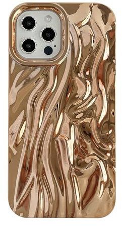 Caseative iPhone 12 Pro Max Case, Pleated Water Ripple Chrome Wave Pattern, Gold, Silicone, Wireless Charging Compatible