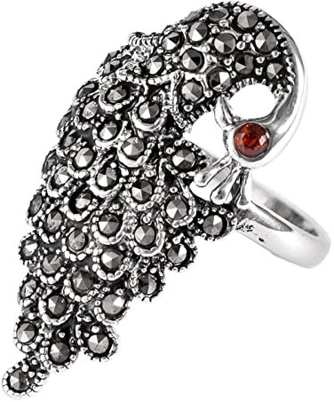 Ring mit Stein Silber, Ringe Frauen Vintage 925 Sterling Silber Vintage Pfau Größe 58 (18.5)