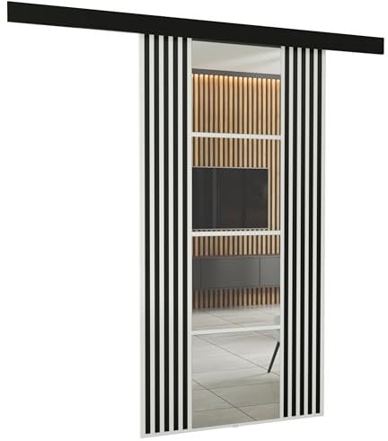 KIER FURNITURE Wandschiebetüren mit Spiegeln EMPI 100 – Schiebetür Komplettset Schiene Komplettset Mit Tür – Zimmertüren Mit Zarge Komplett - B106xH205xT1,6 cm - Weiß
