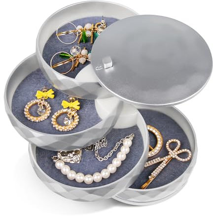 INMORVEN Caja Joyero Organizador Rotación de 360°,4 Niveles Joyero de Viaje,Joyeros Pequeños para Pendientes,Anillos,Pulseras,Collares, Cumpleaños y Vacaciones. (plata)