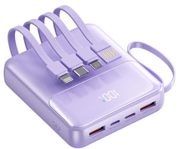 Powerbank mit Kabel, 22,5W Schnelles Aufladen, 10000mAh Externer Akku Mini Kompakte Fast Charging Tragbares Ladegerät USB C LED Display Handyakkus für iPhone, Huawei,Xiaomi,Samsung usw (Purple)