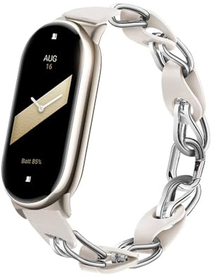 XIHAMA Armband kompatibel mit Xiaomi Mi Band 8/ Mi Band 9, Ersatzband durchbrochenes Design Edelstahl-Lederkettenband für Mi Band 8 SmartWatch Atmungsaktives elegantes Ersatzband für Frauen