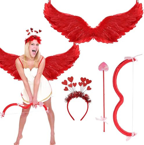 ALNILK Amor-Kostüm-Set Amor Bogen Pfeil 80cm Engelsflügel: Valentine Karneval Kostüm Prop Partyzubehör - Herz Stirnband Amor Requisite Cosplay für Mädchen Jungen Frauen Kinder Erwachsene