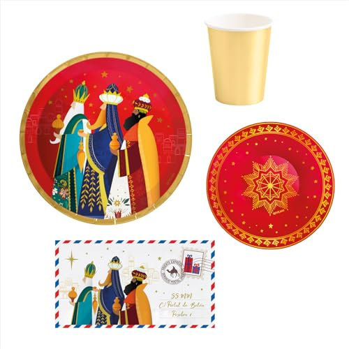 PARTYLOSOPHY OH Yeah - Vajilla Navidad Reyes Magos - 38 Piezas - Decoración Mesa Navidad - 6 Personas - Kit Mesa - Vajilla desechable - Rojo y Dorado - Reyes Magos - DISEÑO ÚNICO
