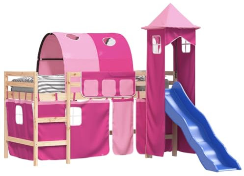 vidaXL Kinderhochbett, Hochbett mit Turm Rutsche, Spielbett Bett für Kinder ab 6 Jahren, Kinderbett Etagenbett Stockbett, Rosa 80x200cm Massivholz Kiefer