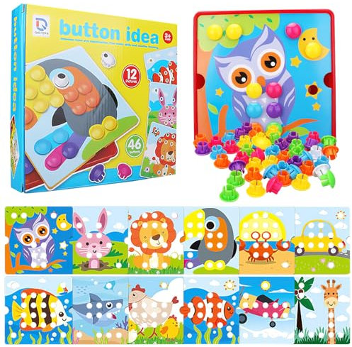 VOSSOT Mosaik Steckspiel für Kinder, Early Pädagogische Farbe Pegboard Gabelungen, 4-6 Jahre Alt, 46 Große Perlen und 12 Bunte Karten (Owl)