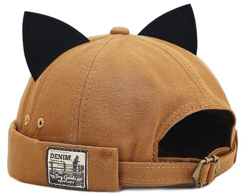 XYIYI Retro Khaki Damen Katzenohren Hut Niedliche Docker Mütze Krempellose Skullcap Matrosenmütze Gerollte Manschette Retro Beanie Hut