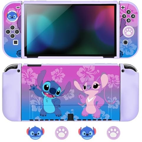 DLseego Coque de Protection pour Switch OLED,Mince Souple Étuis de Protection Dockable Cover avec JoyCon Cover et Capuchons Manettes,Absorption des Chocs Cover de Protection-Violet Alien Monstre OLED