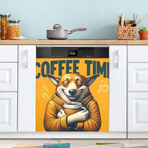 Magnetische Abdeckungen für Geschirrspüler Hund hält eine Kaffeetasse Geschirrspüler Tür Magnet Geschirrspüler Aufkleber 58,4 x 66 cm