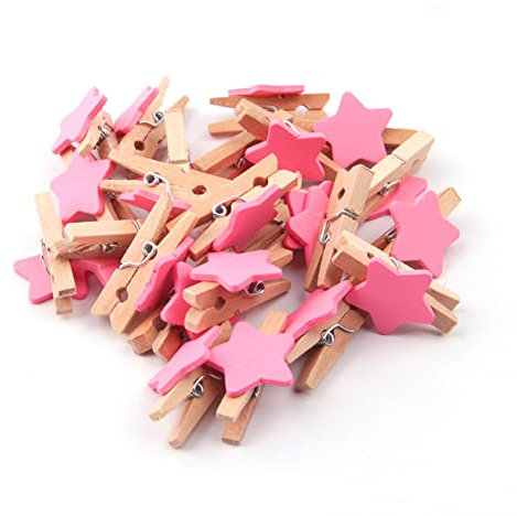 Wisafory 50 mollette in legno a forma di stella, mollette decorative, clip in legno, mini mollette in legno, decorazione per fai da te, foto, biglietti, feste, matrimoni, rosa
