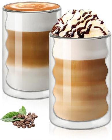 Vicloon 2 PCS Ripple Glass Cups, 375 ML Bubble Water Drinking Glasses Set, Insulated Latte Glasses Mugs, Borosilicate Heat Resistant Glass Cups for Tea, Coffee, Latte, Cappuccino, Espresso, Beer