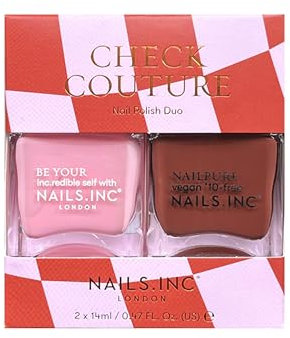 Nails Inc Check Couture Nail Polish Duo, Pink Shades, Fast Drying, Long Lasting, High Shine, Chip Resistant, Air Dry Manicure, Cruelty Free, Vegan, 2 Piece Set