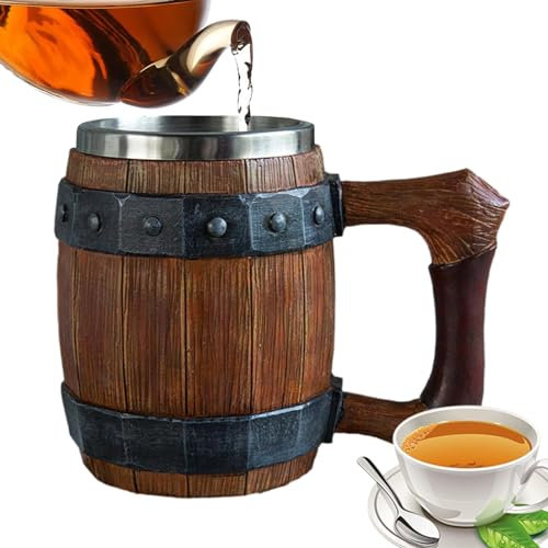 Pirate Viking Cup - Barrel Brown Classic Design, Vintage Faux Oak Wood Beer Mug | Retro Viking Mug, Stainless Steel Resin Beer Tankard Cup, Medieval Drinkware Mug 7.48x5.51x4.53 Inches