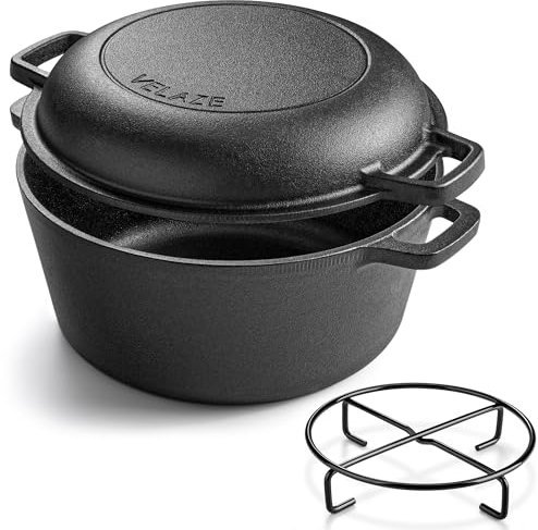 Velaze 2 in 1 Camping Dutch Oven with Skillet lid, Cast Iron Pot with Griddle Pan,Dutch Oven Pot for Camping Cooking Baking 4.7L