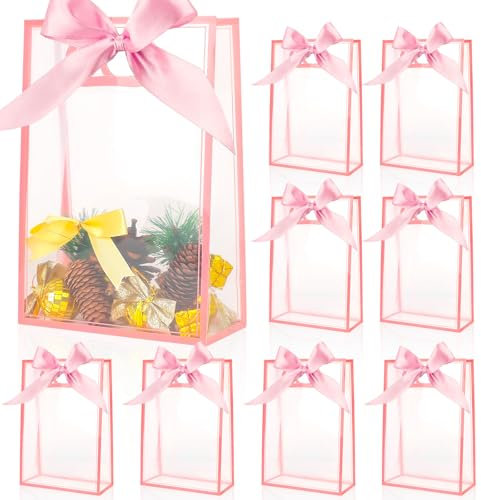 Clear Gift Bags with Handle, 8 PCS PVC Gift Bag with Ribbon Bow for Christmas Easter Wedding Baby Shower Birthday Party(Pink)