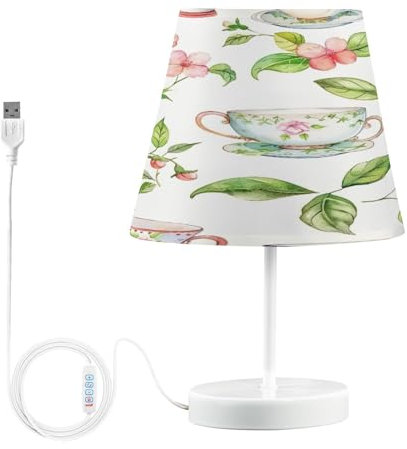 Lyeorm Teacups and Flowers Table Lamp for Bedroom - Bedside Lamps with USB Port - Nightstand Lamp with Flaxen Fabric Shade for Living Room Home Office