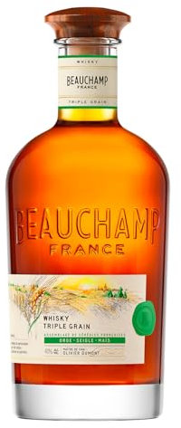 BEAUCHAMP - Whisky Triple Grain - Whisky Français - Assemblage unique de trois céréales françaises : orge maltée, seigle et maïs - Origine : France - 46% Alcool - Bouteille 70 cl