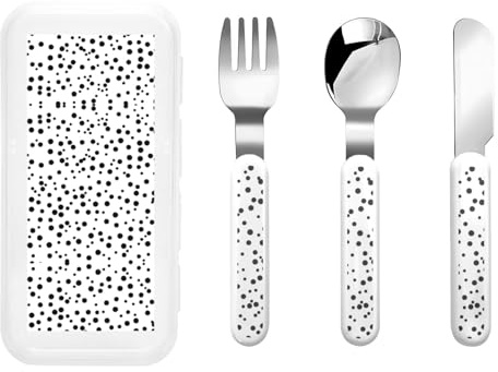 Kinder Messer, Gabel und Löffel Geschirr 3-teiliges Set, tragbares wiederverwendbares Geschirr, Schwarz und Weiß Polka Dot Kinder Diät Schutz Geschirr Set