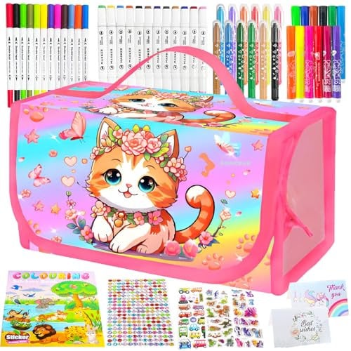 Regalo Niña 3 4 5 6 7 8 9 10 años,Maletin Pinturas para Niños con Estuche,Marcadores,Regalo Niña 5 años,Juguetes Niños 3-10 años,Papeleria,Lapices Colores,Regalos para Niño y Niñas Colegio(Gato)