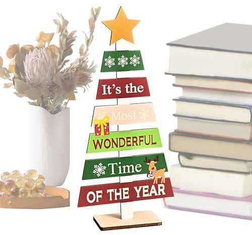 Árbol de Navidad de madera – Árbol de Navidad de mesa de madera | Decoración de mesa, placa de árbol, decoración de mesa, adornos rústicos, árbol de Navidad de pie de madera para el Woh