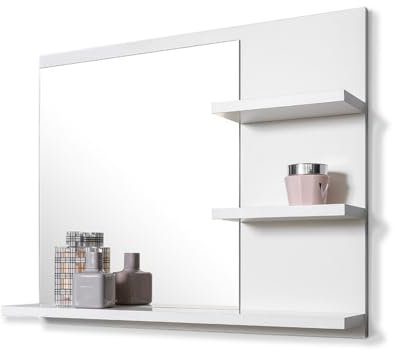 FreshYou Badspiegel mit 3 Ablagen Badezimmerspiegel Spiegel Regal Wandspiegel Hängespiegel Badmöbel Spiegel Flurspiegel für Schlafzimmer für Badezimmer Weiß 60X50 - Recht