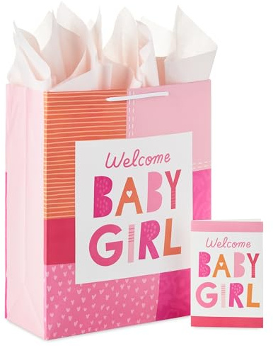 Hallmark 15 Extra Large Bag With Card And Tissue Paper (Welcome Baby Girl, Pink And Orange) For New Parents, Coworkers, Sister
