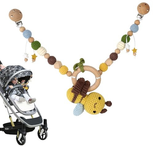 KBIBCK Kinderwagenkette aus Holz und Baumwolle, Gehäkelte Spielkette für Baby Mädchen, Kinderwagen ab 0+ Monaten (Biene)