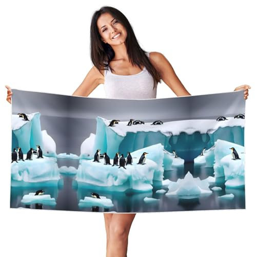 JIUTY Strandtuch mit Pinguine auf dem Eisberg, für Badezimmer, Handtücher, Reisen, leicht, Camping, Yoga, Decke