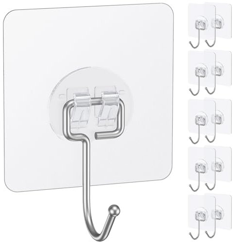 Uniclife 10 Pcs Large Self Adhesive Hooks for Hanging, 15 kg(Max) Heavy Duty Wall Hooks, Clear Waterproof Picture Hanger, Self-Adhesive Sticky Hook for Outdoor Bathroom Kitchen and Office