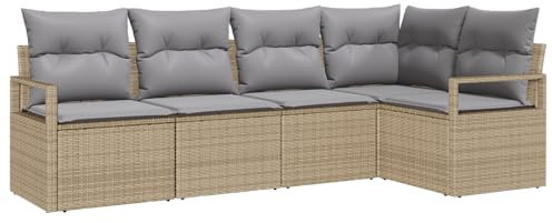 vidaXL 5-teiliges Garten-Sofa-Set mit Kissen Beige Poly Rattan, 2-Sitzer Garten-Sofa mit Kissen Beige Poly Rattan