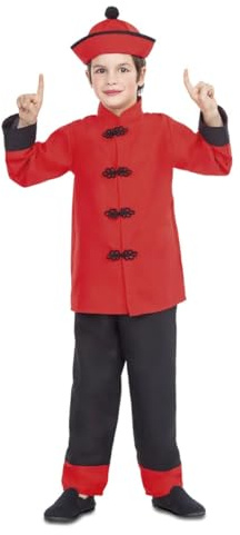 My Other Me Déguisement chinois pour enfant garçon, taille 5-6 ans. Comprend un chapeau conique rouge avec bords noirs, une chemise à nœuds chinois et un pantalon noir avec bande rouge. Petit grand