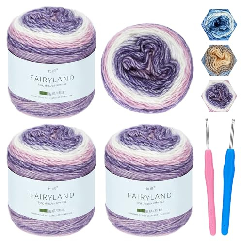 Ombre Yarn for Crochet, Wool for Knitting 100g Balls, 400g Gradient Yarn | 60% Cotton 30% Acrylic 10% Wool with 2 Hooks, DK Cake Yarns for Crochet Baby Blankets, Scarf, Hat and DIY Crafts