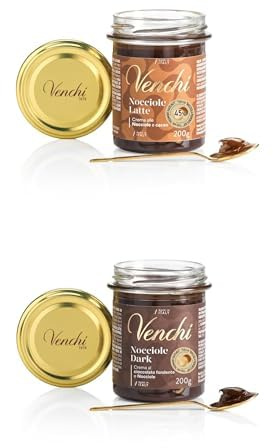 Venchi - 2 Creme Spalmabili, Crema Spalmabile Latte e Nocciole Piemonte IGP 45%, 200 g e Crema Spalmabile Fondente e Nocciole Piemonte IGP, 200 g, Senza Glutine